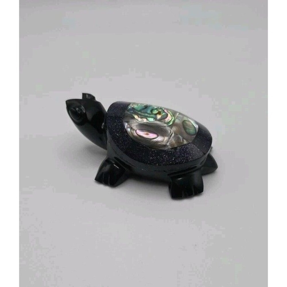 Carved Turtle Black Obsidian With Inlay Abalone Shell Baby Turtle